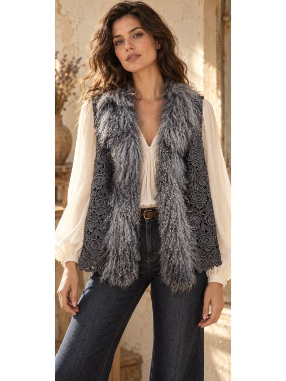Shannon McLean Gray Mongolian Shearling Floral Lace Boho Vest Size L/XL